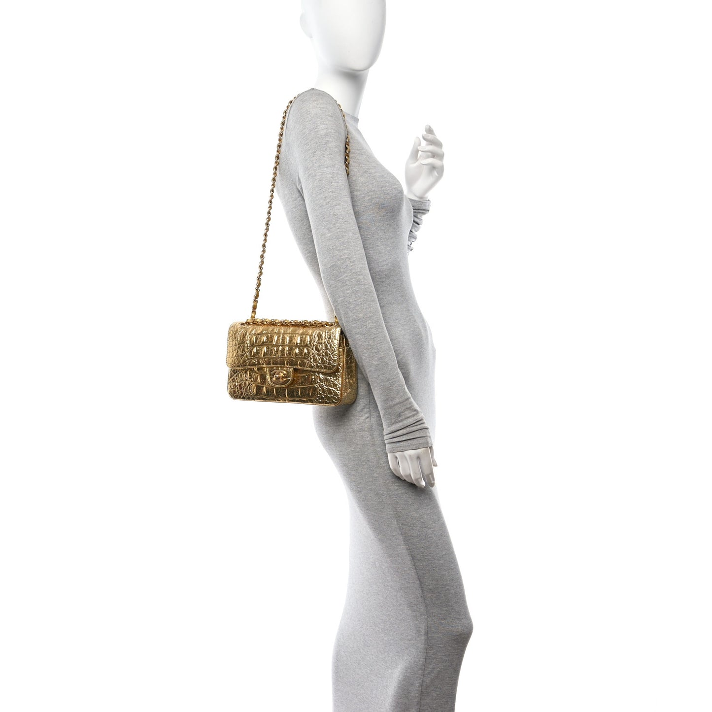 Metallic Calfskin Crocodile Embossed Cocodile Rectangular Mini Flap Gold