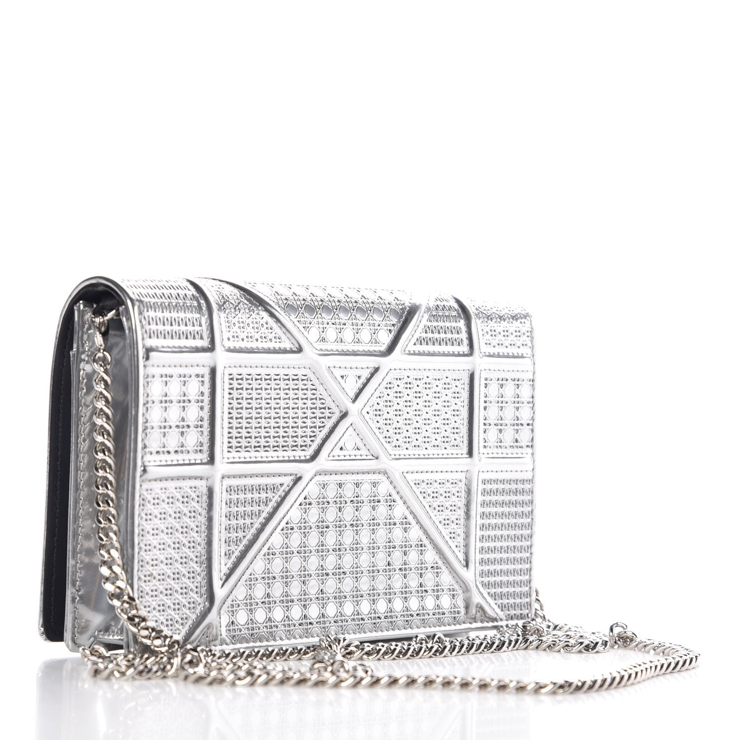 Christian Dior Metallic Patent Micro-Cannage Diorama Wallet on Chain Pouch Silver 3 of 6