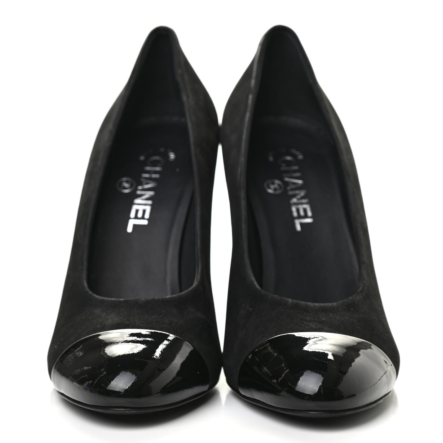 Chanel Patent Suede Calfskin Pearl Cap Toe Pumps 40 Black 2 of 18