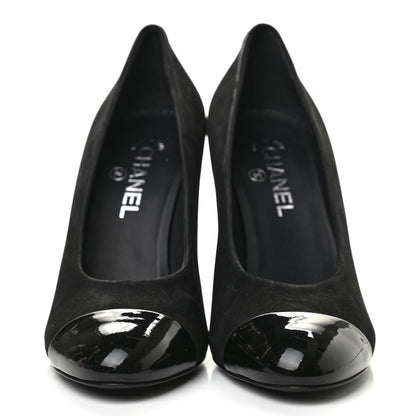 Chanel Patent Suede Calfskin Pearl Cap Toe Pumps 40 Black 2 of 18