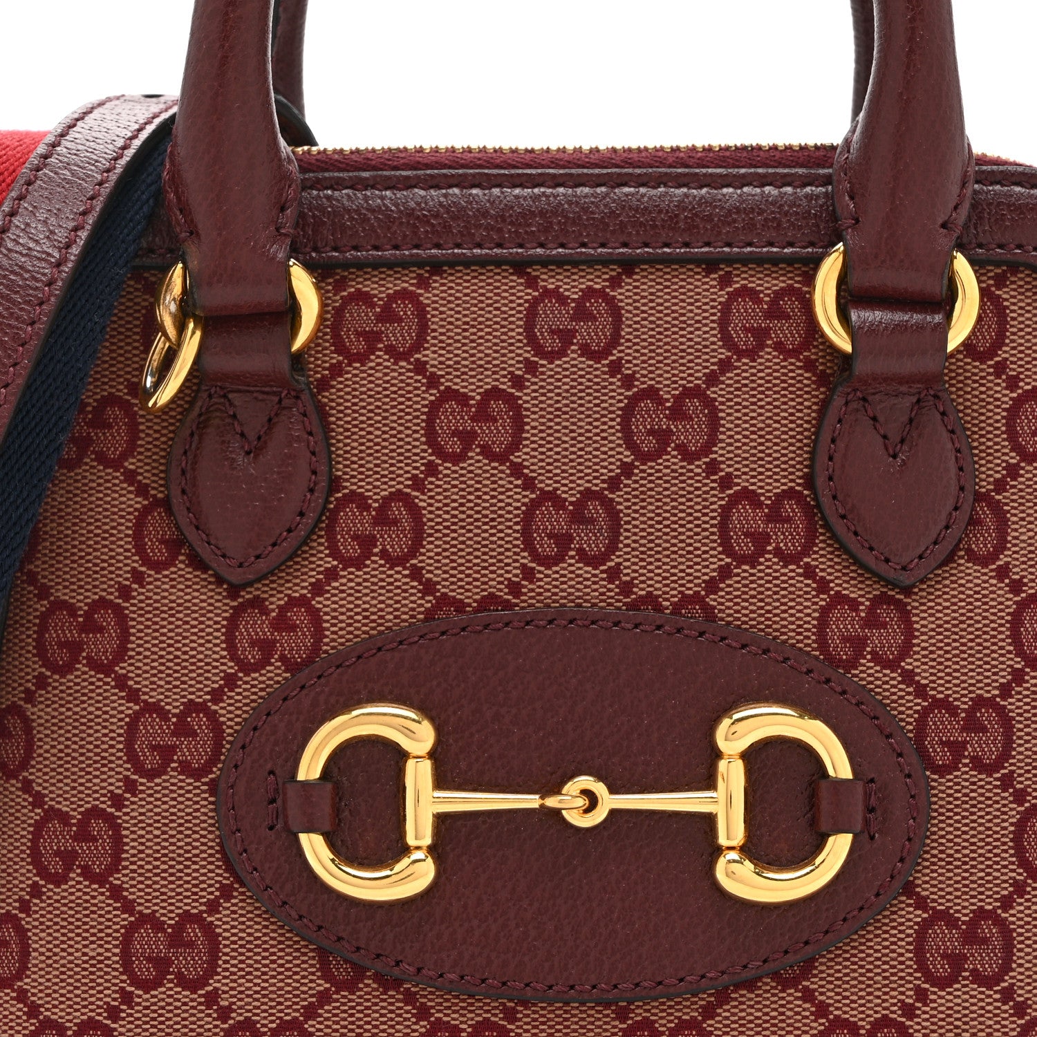 Gucci Monogram Textured Dollar Calfskin Mini Horsebit 1955 Top Handle Bag Sahara Rubino Chardonnay 9 of 11