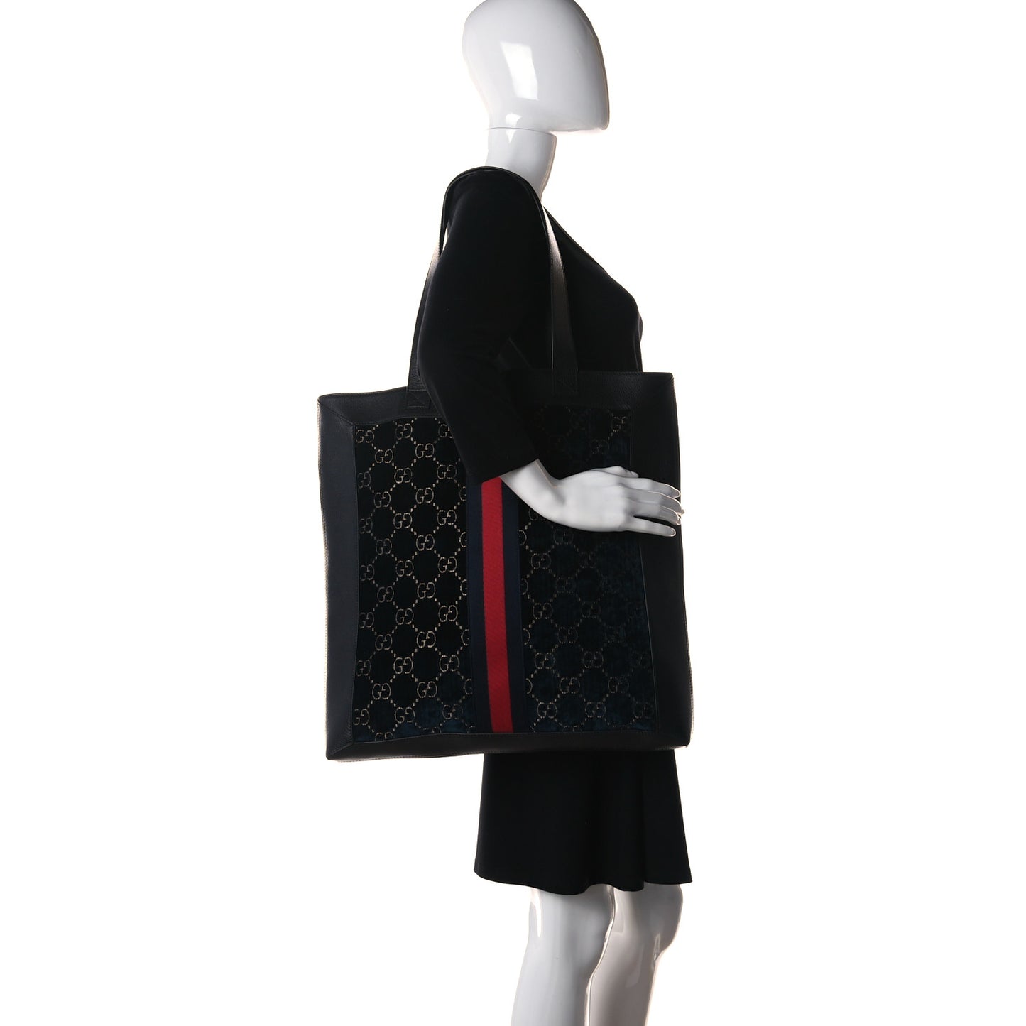 Velvet GG Monogram Textured Calfskin Web Large Ophidia Vertical Shopping Tote Blue Beige Black
