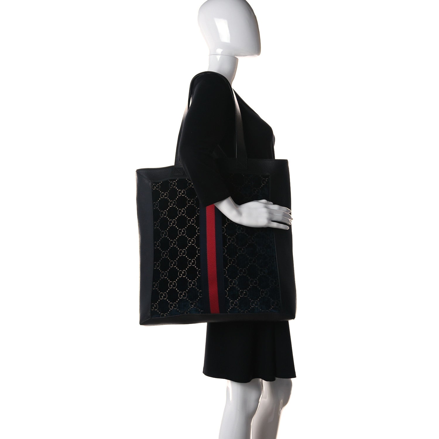 Gucci Velvet GG Monogram Textured Calfskin Web Large Ophidia Vertical Shopping Tote Blue Beige Black 2 of 11