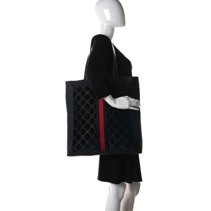 Gucci Velvet GG Monogram Textured Calfskin Web Large Ophidia Vertical Shopping Tote Blue Beige Black 2 of 11