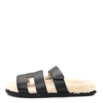 Hermes Calfskin Woolskin Chypre Sandals 40.5 Black Ecru 1 of 9