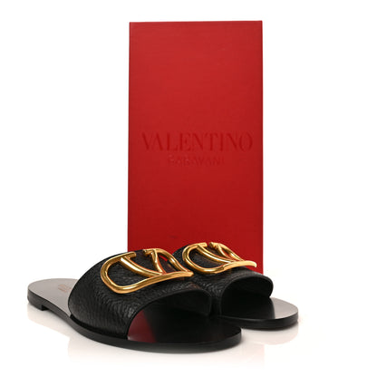 Valentino Garavani Grainy Cowhide Vlogo Flat Slide Sandals 37 Black 9 of 9