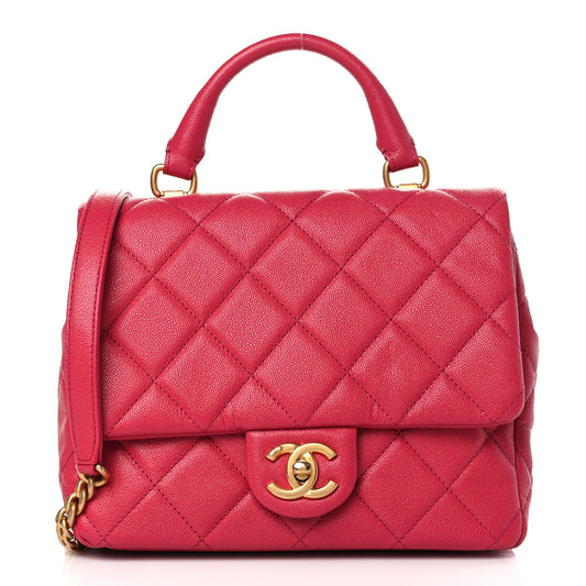 Shiny Caviar Quilted Small Top Handle Flap Pink