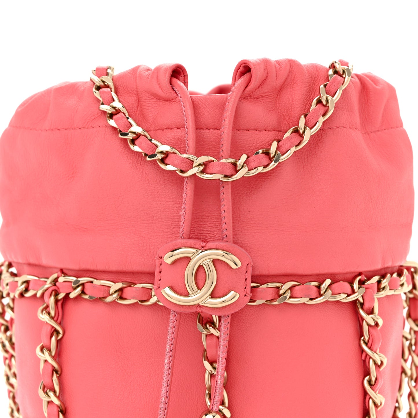 Lambskin Bucket Chain Drawstring Bag Pink