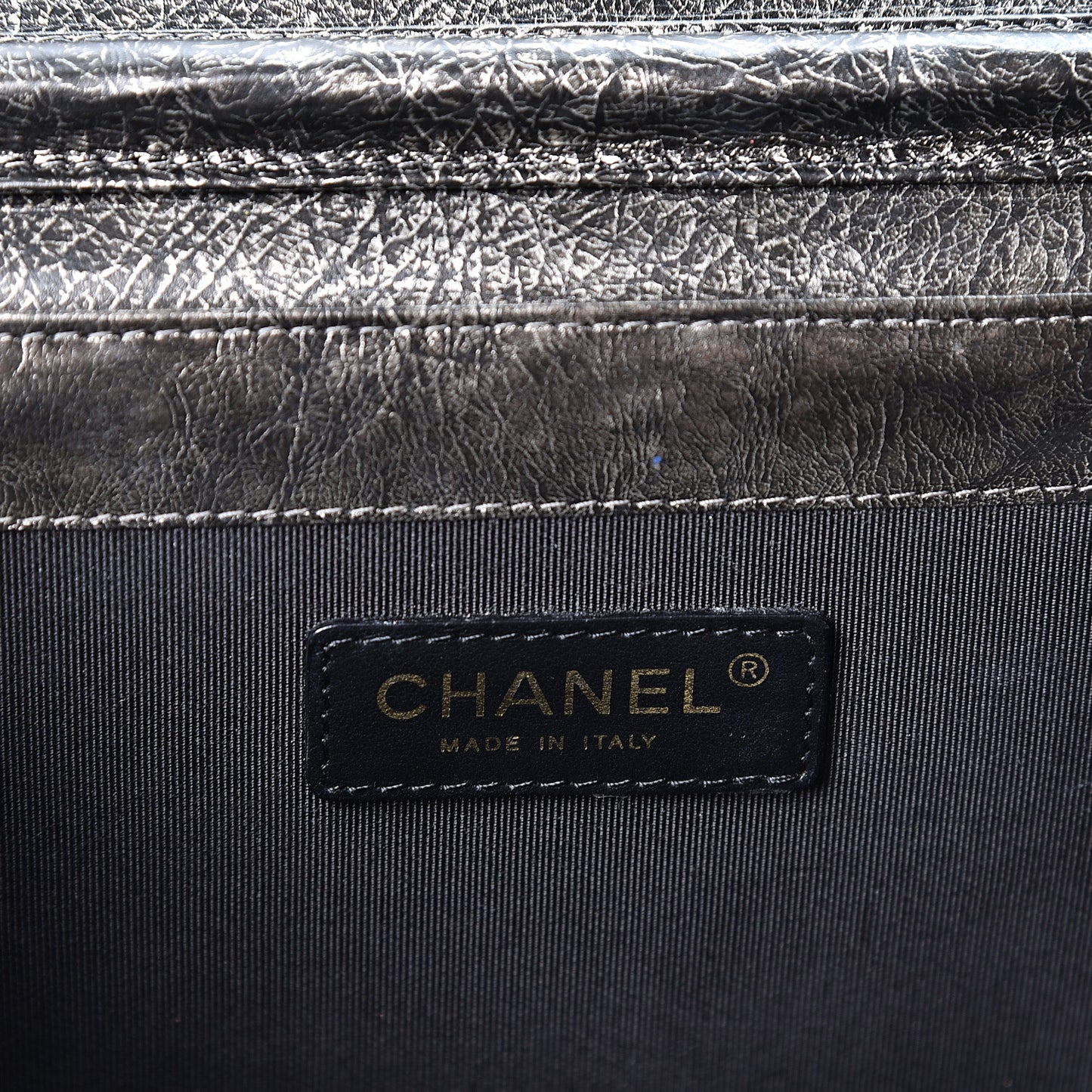 Cracked Metallic Calfskin Quilted Zip Away Chain Clutch Dark Silver