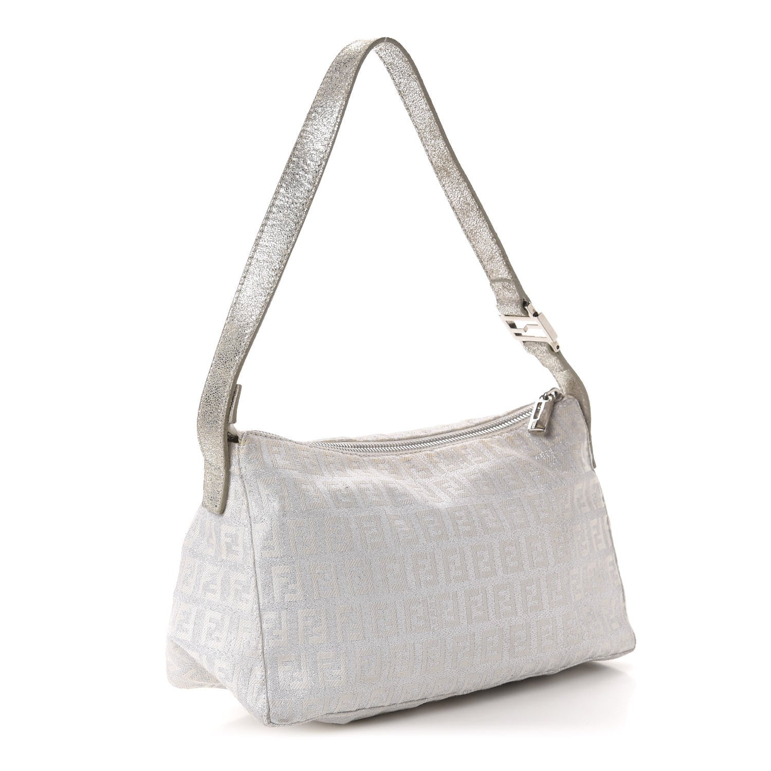 Fendi Metallic Lurex Zucchino Suede Small Shoulder Bag White Argento 3 of 12