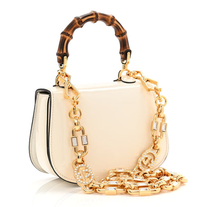 Gucci Patent Crystal Mini Bamboo 1947 Top Handle Chain Bag White 3 of 12