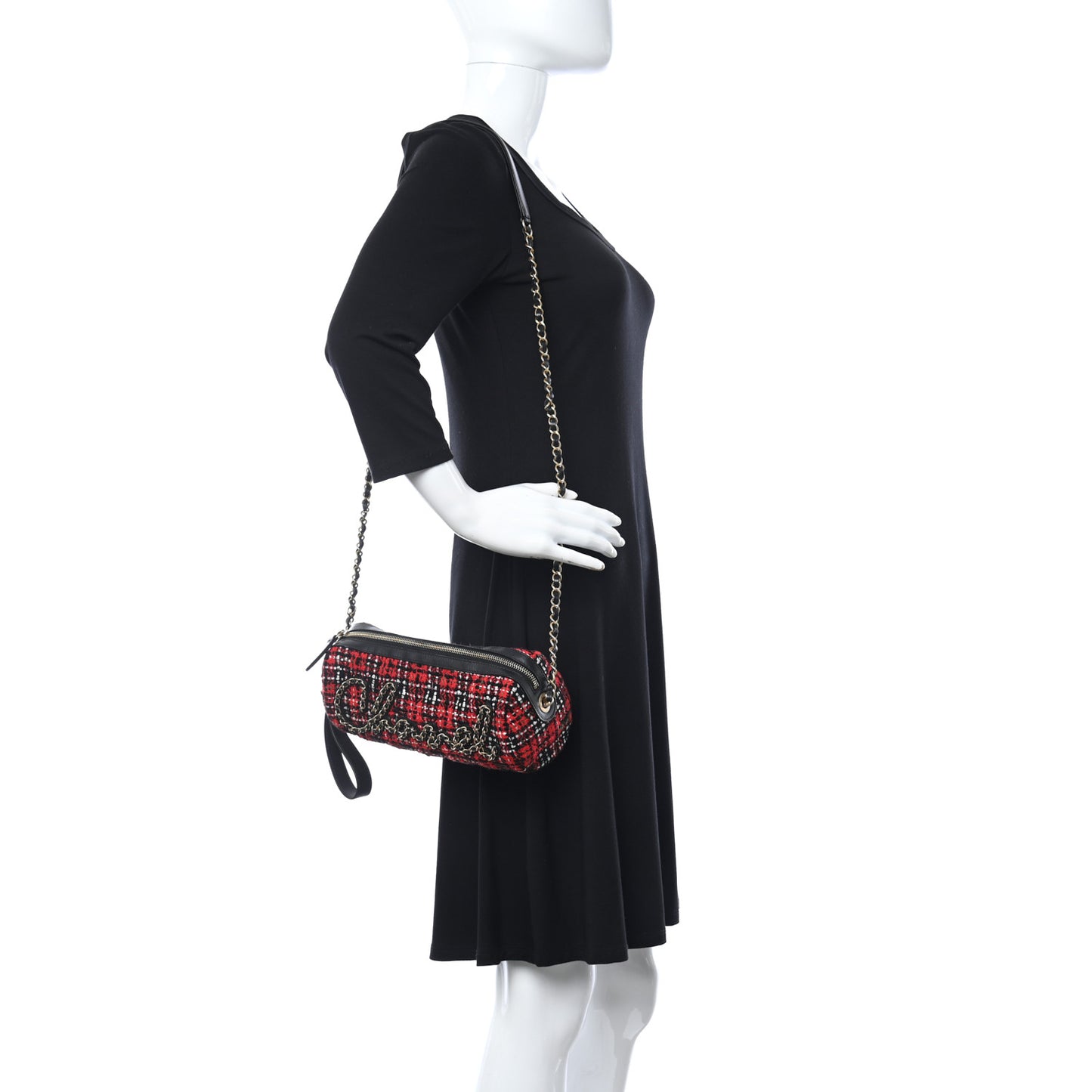 Tweed Calfskin Signe Bowling Bag Red Black
