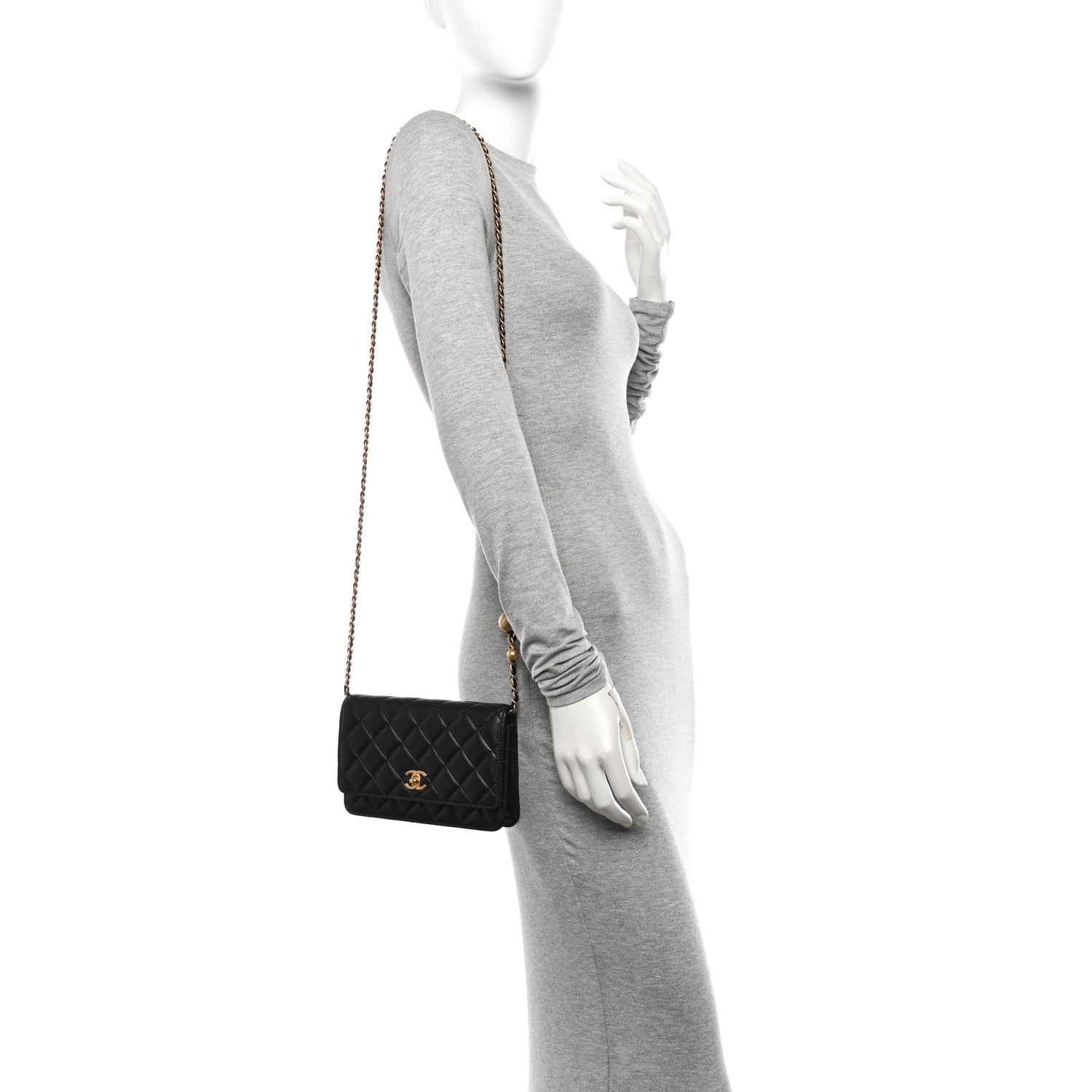 Chanel Lambskin Quilted CC Pearl Crush Wallet on Chain WOC Black 2 of 12