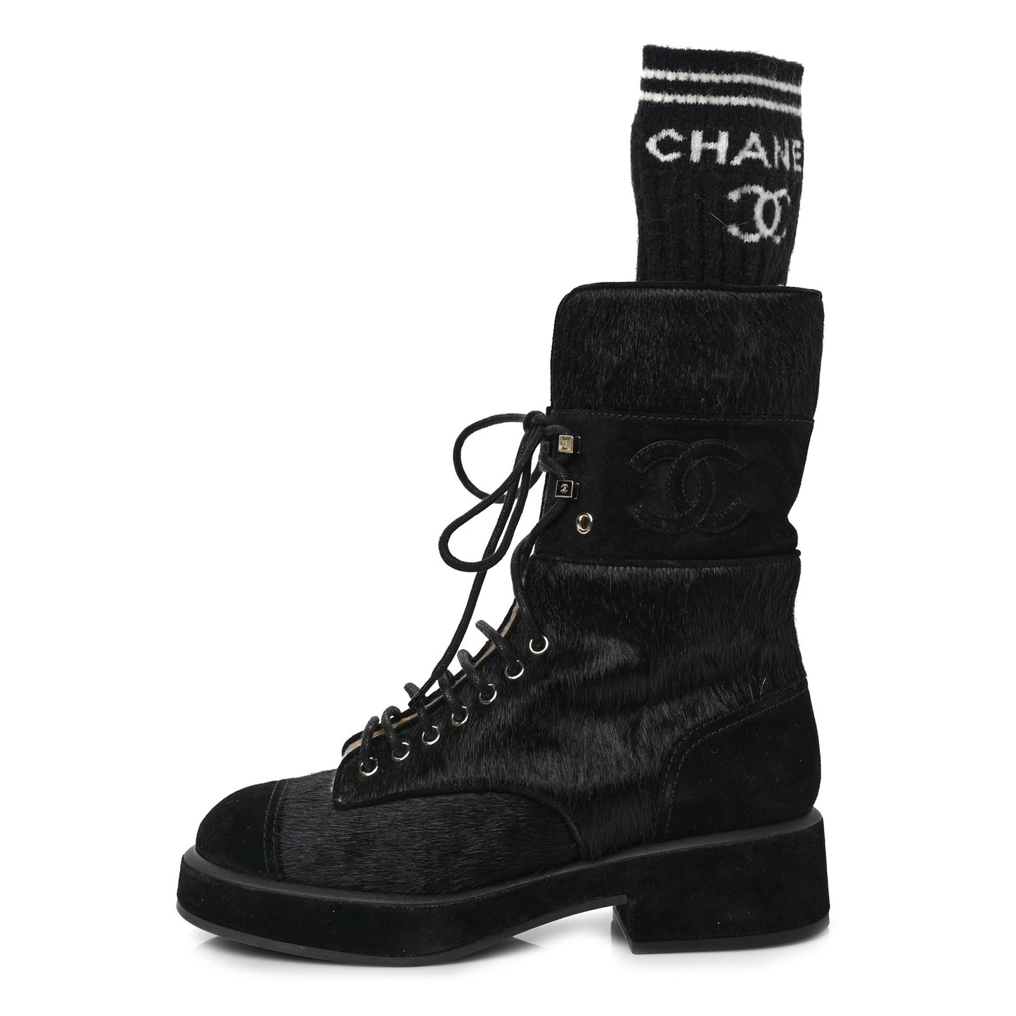 Suede Pony Hair Shearling Lace Up Combat Boots 38.5 Black White