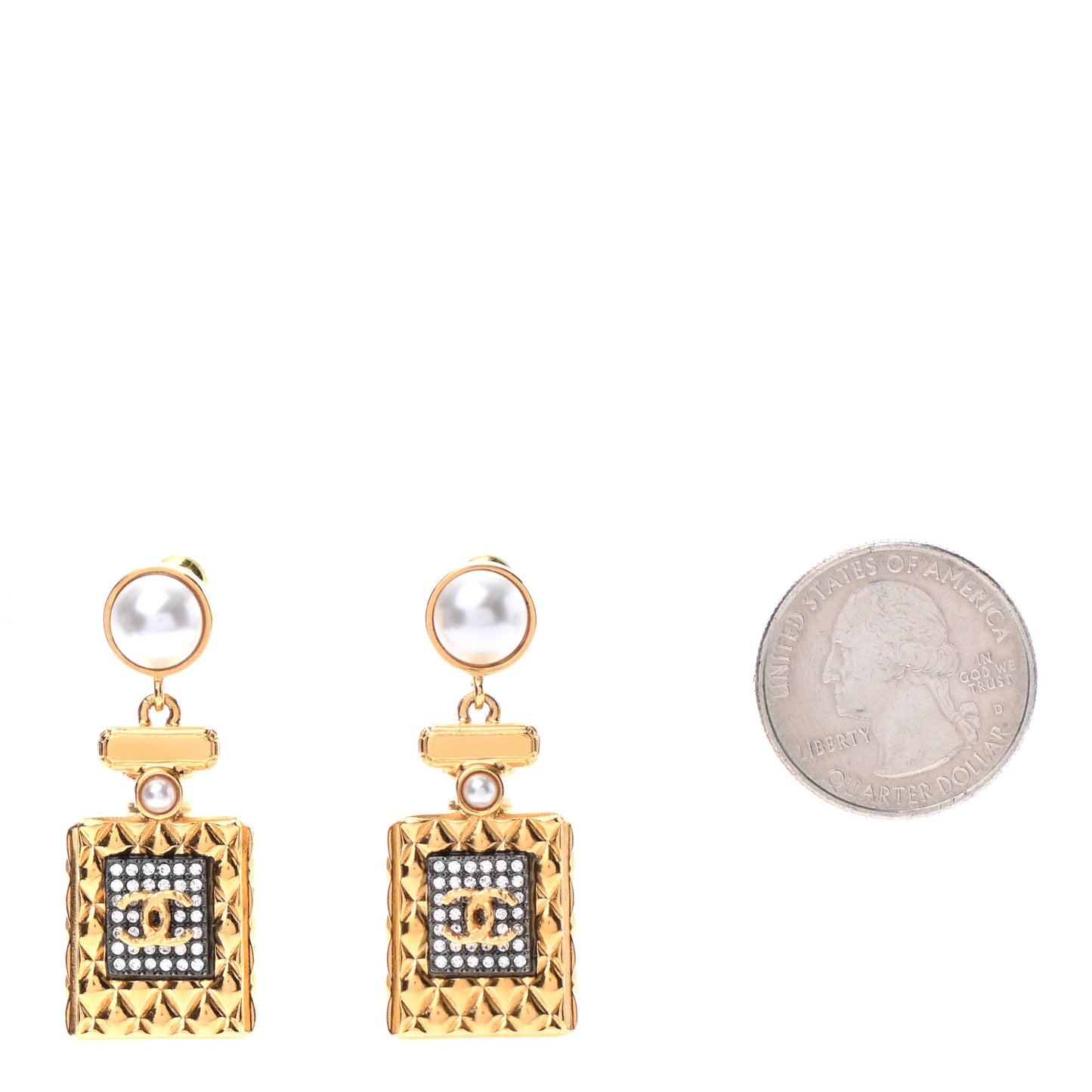 Crystal Pearl CC Perfume Bottle Drop Earrings Gold