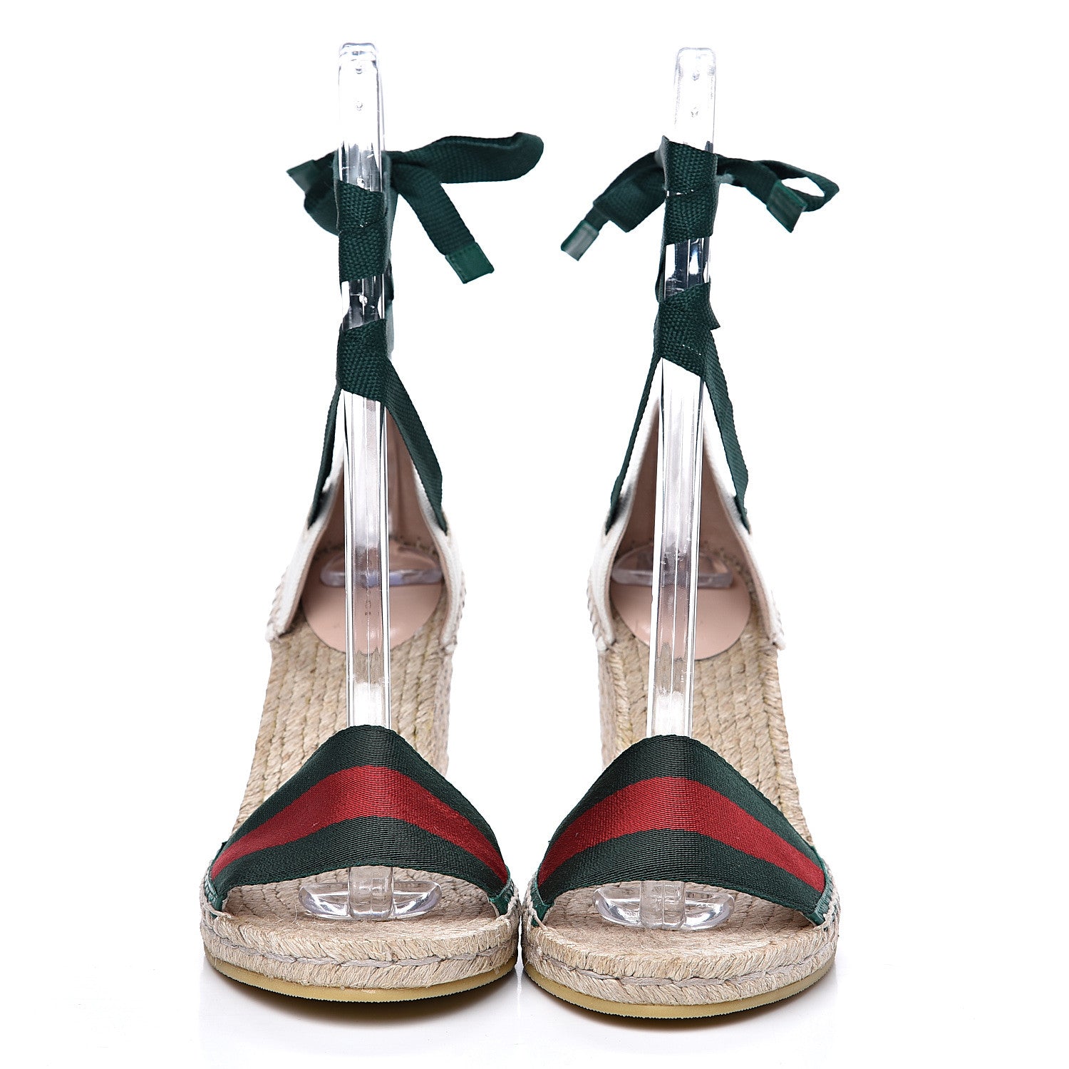 Gucci Canvas Malaga Kid Web Ankle Wrap Espadrille Wedge Sandals 39.5 Green Red Mystic White Emerald 2 of 9