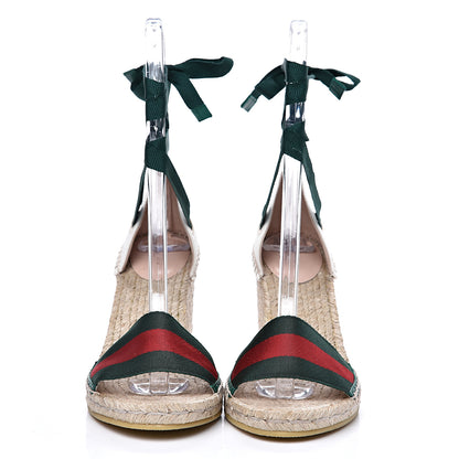 Gucci Canvas Malaga Kid Web Ankle Wrap Espadrille Wedge Sandals 39.5 Green Red Mystic White Emerald 2 of 9