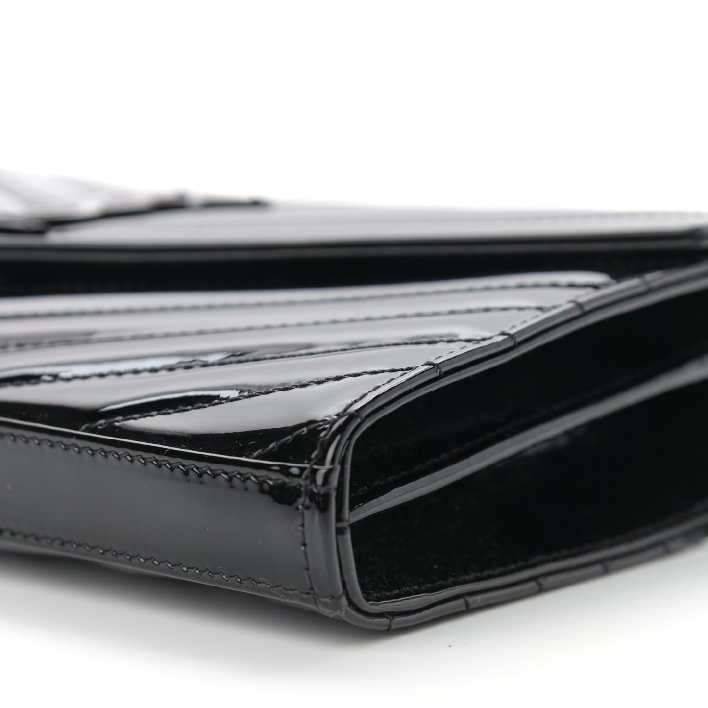 Patent Matelasse Chevron Monogram Chain Wallet Black