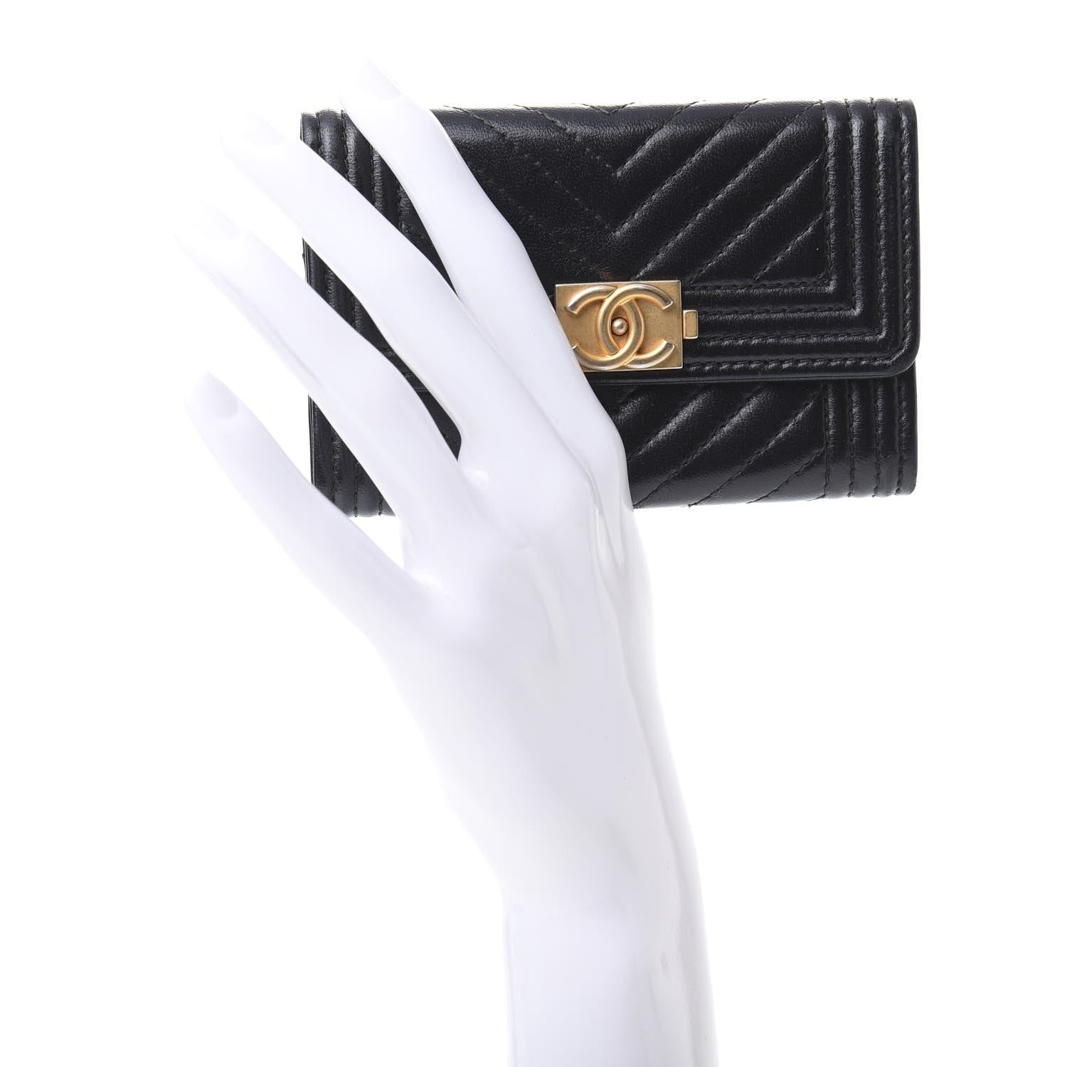 Chanel Lambskin Chevron Quilted Boy Card Holder Wallet Black 2 of 9