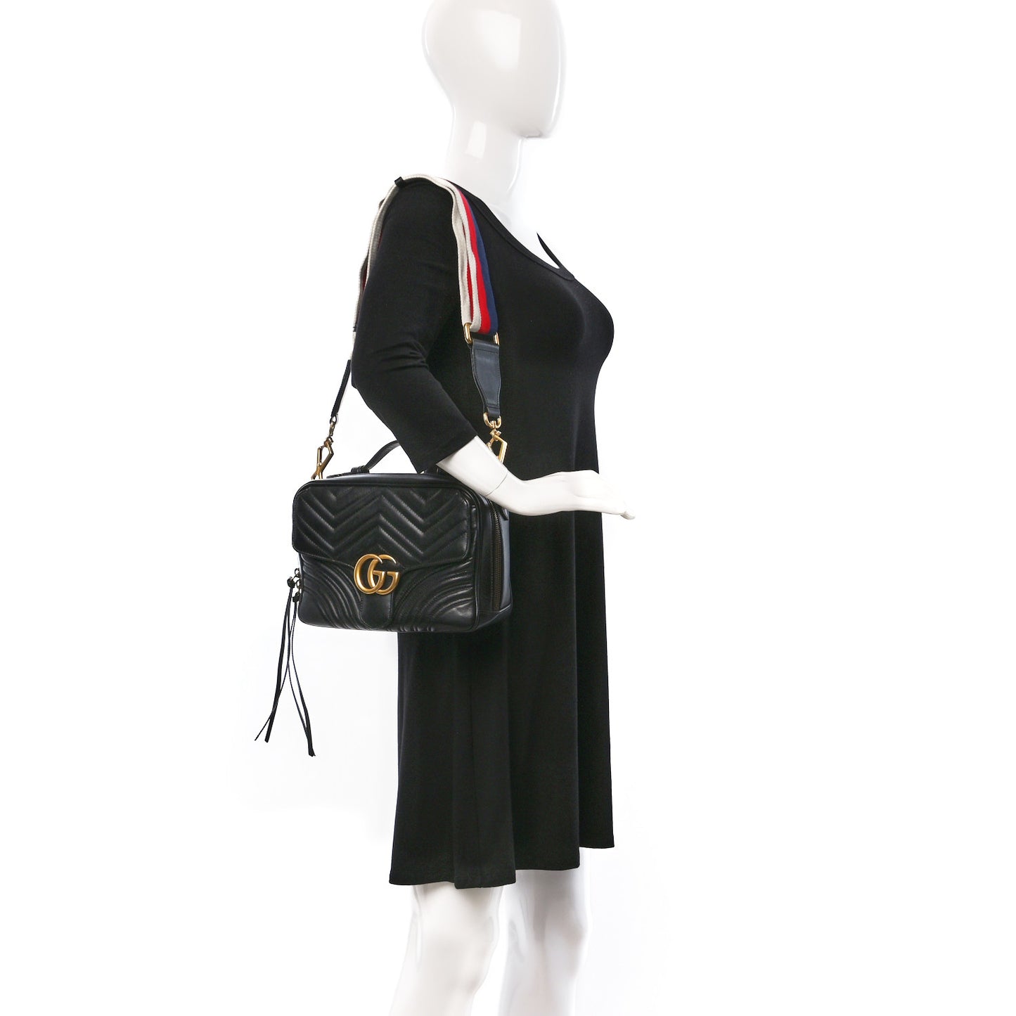 Calfskin Matelasse Sylvie Web Small GG Marmont Top Handle Shoulder Bag Black