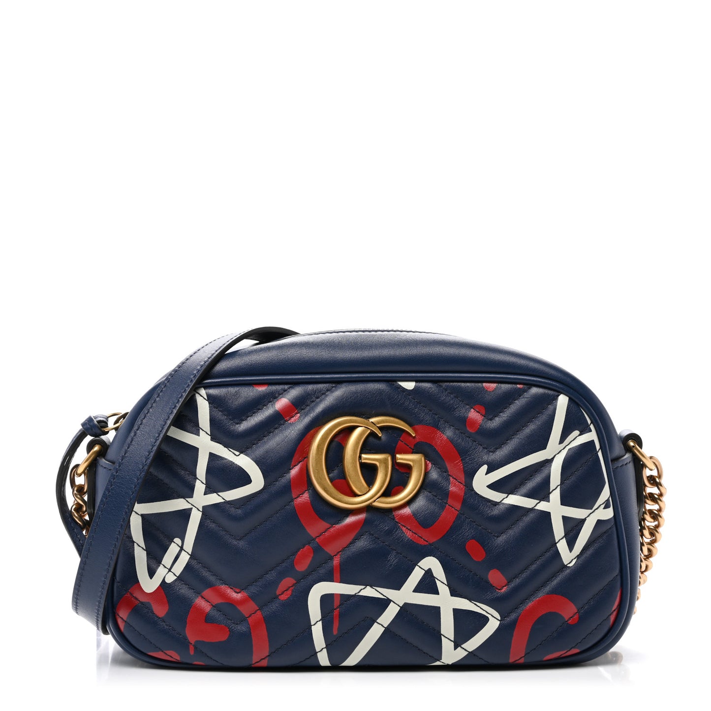 Calfskin Matelasse GucciGhost Small GG Marmont Chain Shoulder Bag Blue Agata Hibiscus Red
