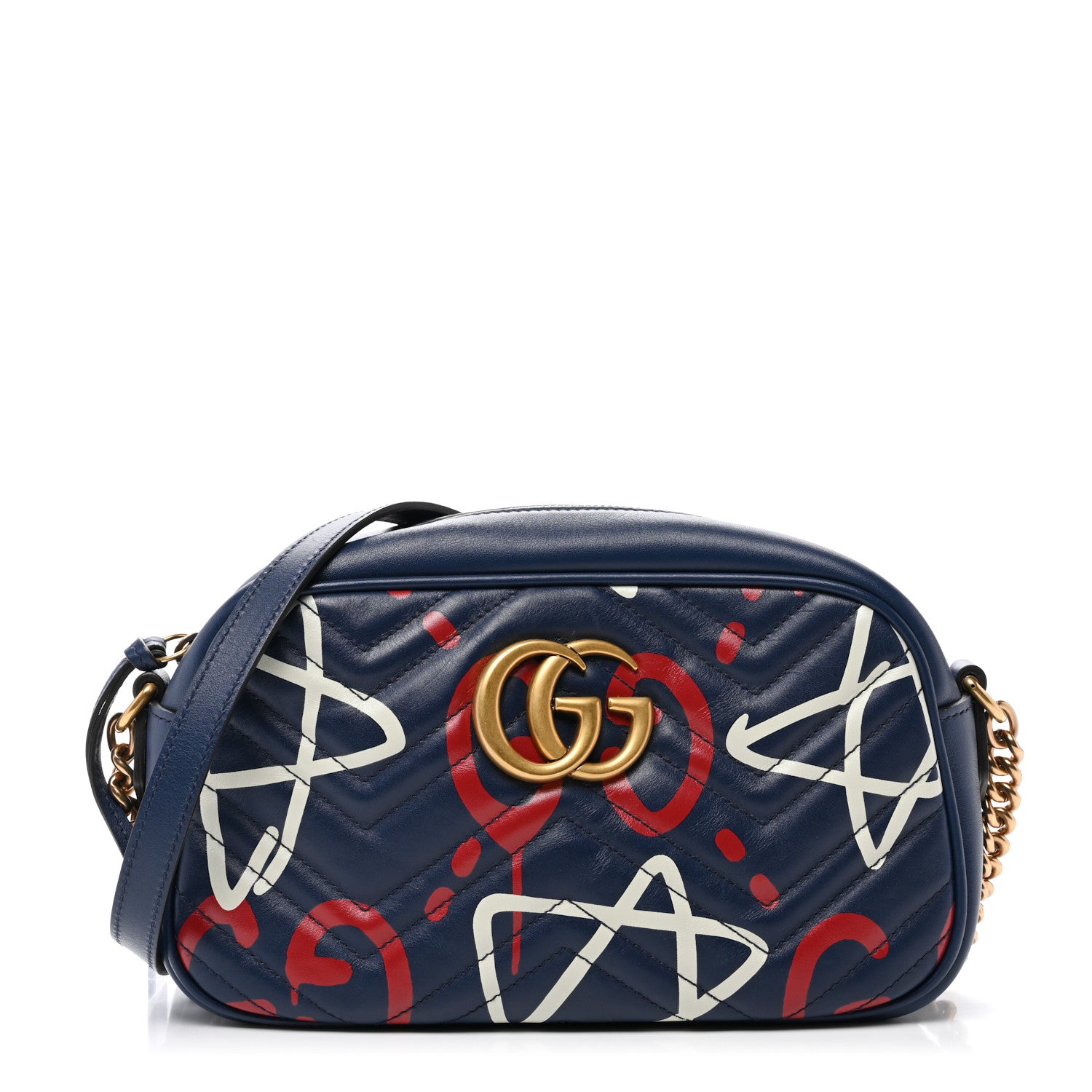 Gucci Calfskin Matelasse GucciGhost Small GG Marmont Chain Shoulder Bag Blue Agata Hibiscus Red 1 of 11