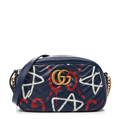 Gucci Calfskin Matelasse GucciGhost Small GG Marmont Chain Shoulder Bag Blue Agata Hibiscus Red 1 of 11