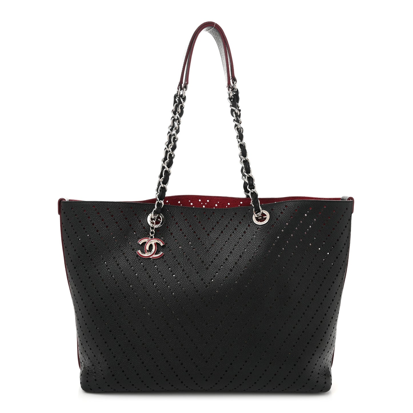 Perforated Grained Calfskin Large Shopping Tote Black