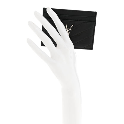 Saint Laurent Grain De Poudre Matelasse Chevron Monogram Credit Card Case Black 2 of 8