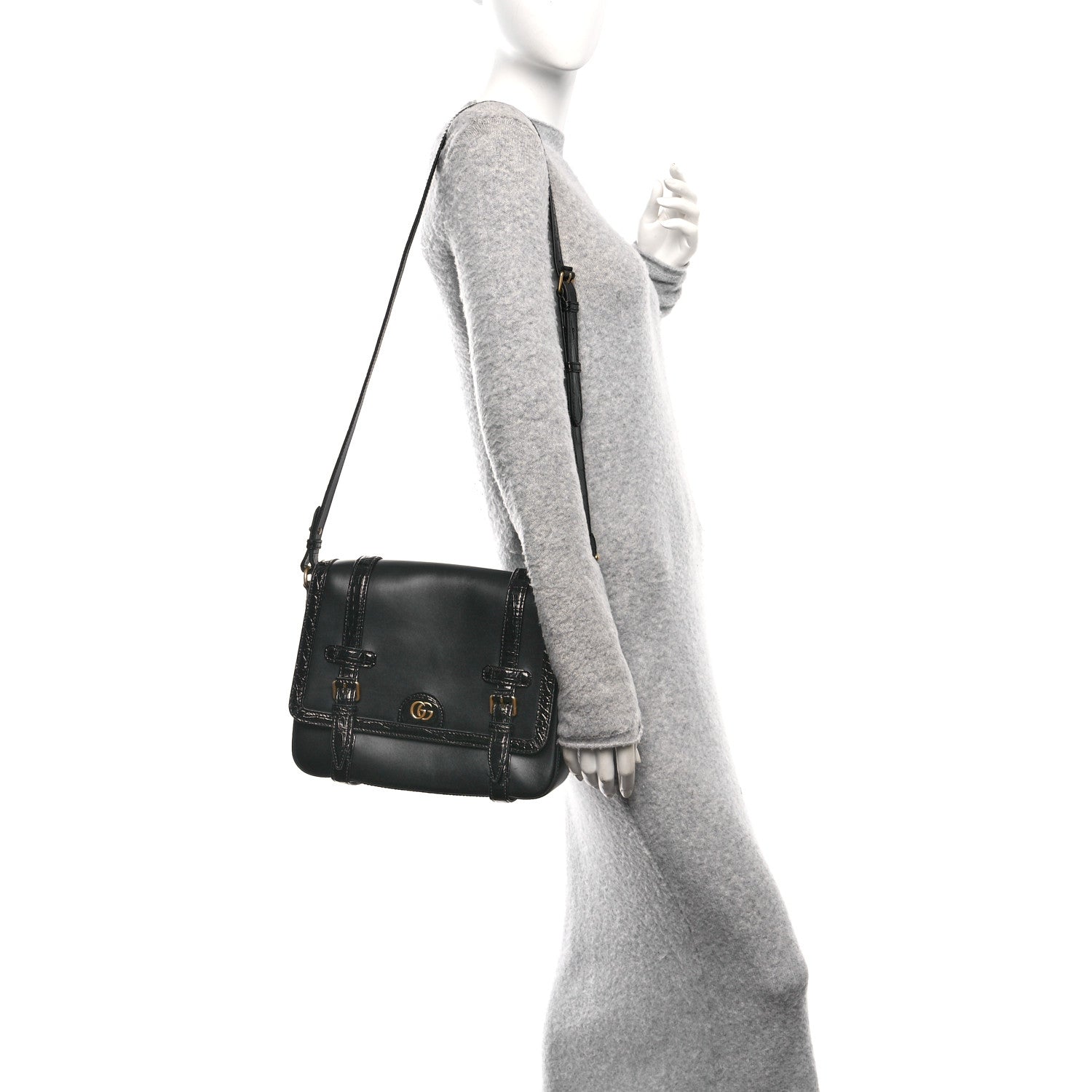 Gucci Calfskin Crocodile GG Double Buckle Medium Messenger Bag Black 3 of 12