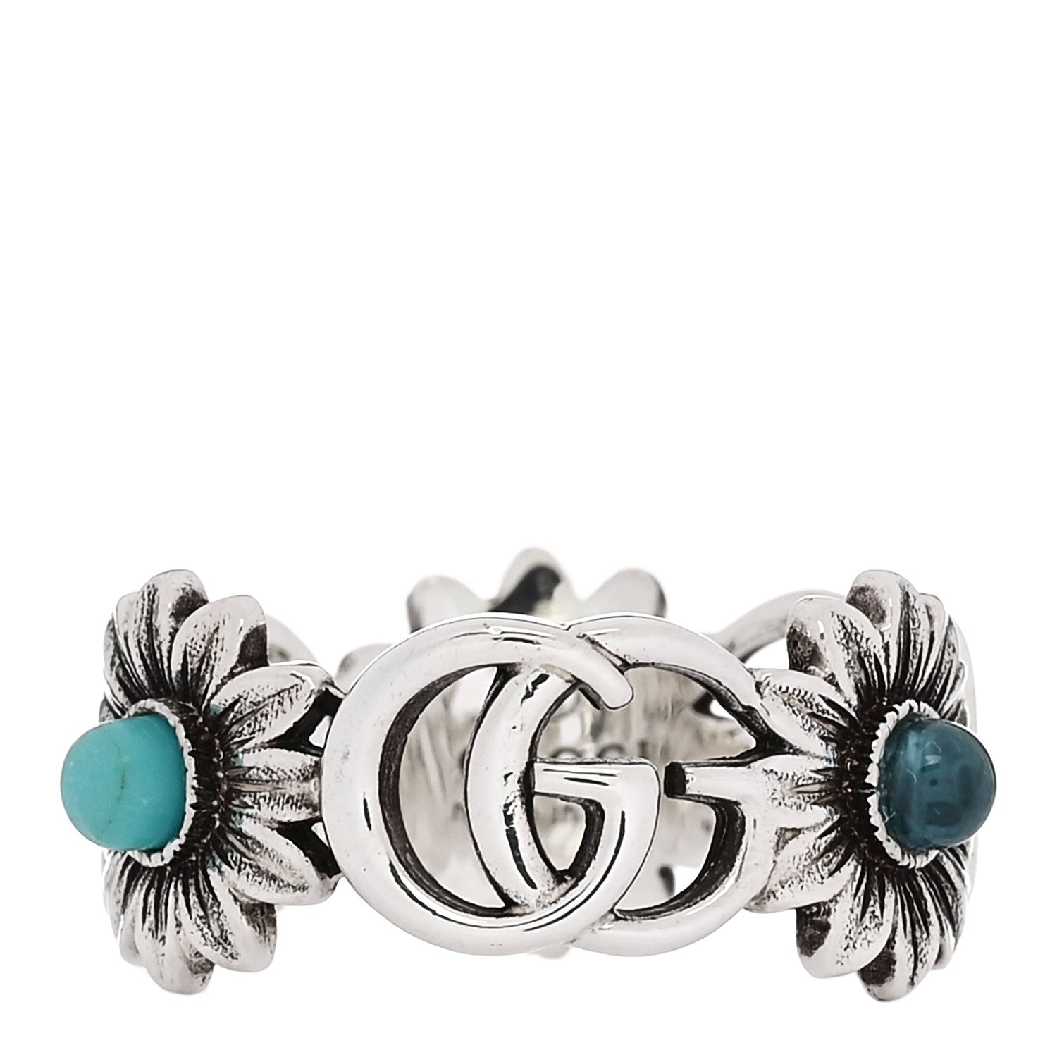 Gucci Sterling Silver Mother of Pearl Blue Topaz Flower Marmont Double G Ring 53 6.5 1 of 7