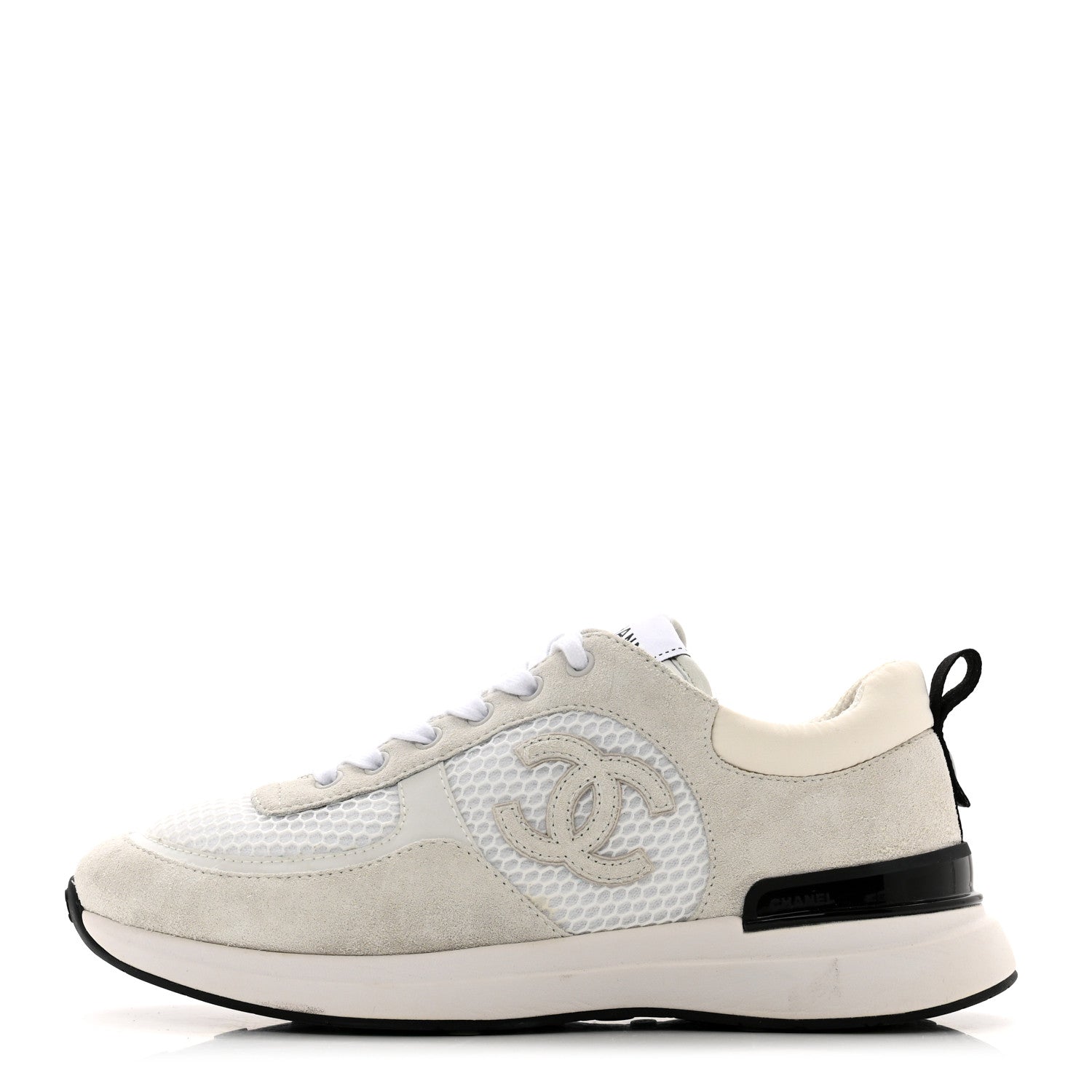 Chanel Calfskin Mesh Lycra Suede Womens Logo Sneakers 38.5 White 1 of 9