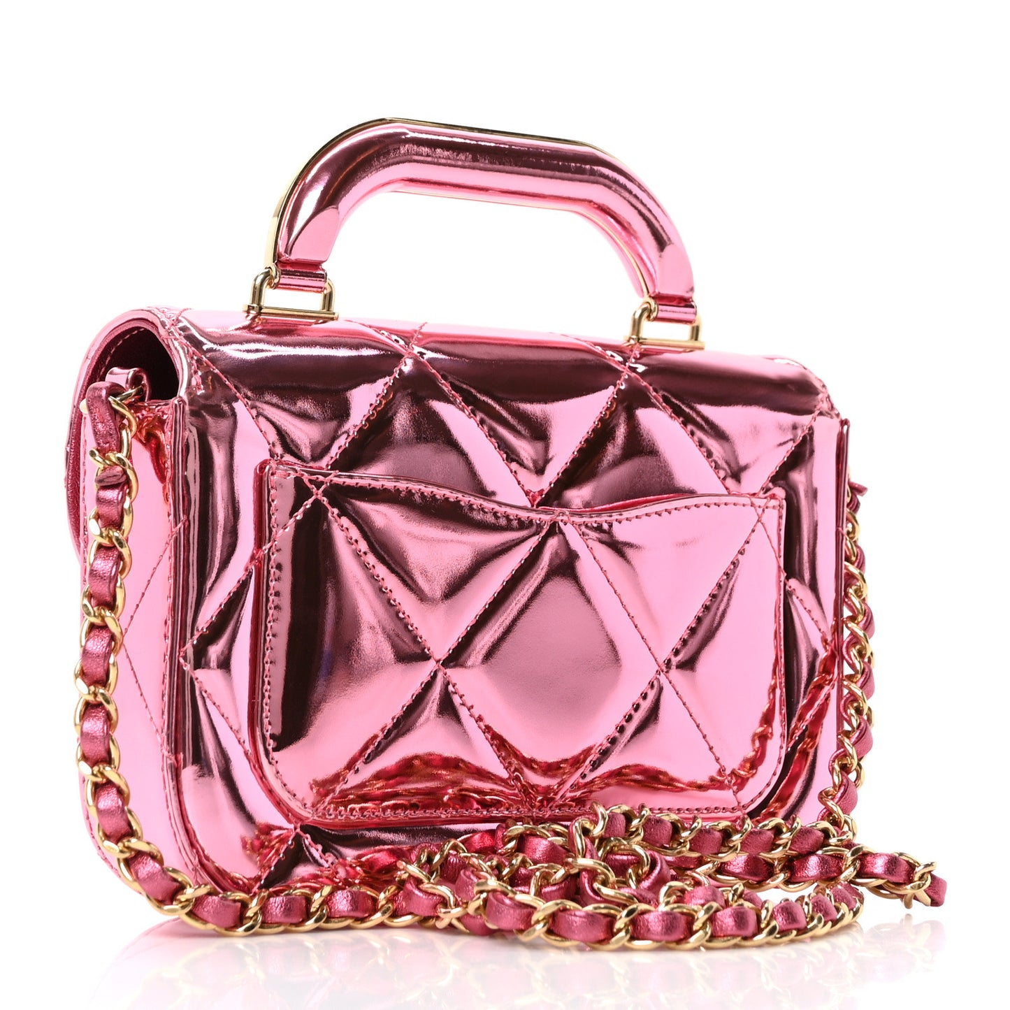 Mirror Metallic Calfskin Quilted Mini Top Handle Flap Pink