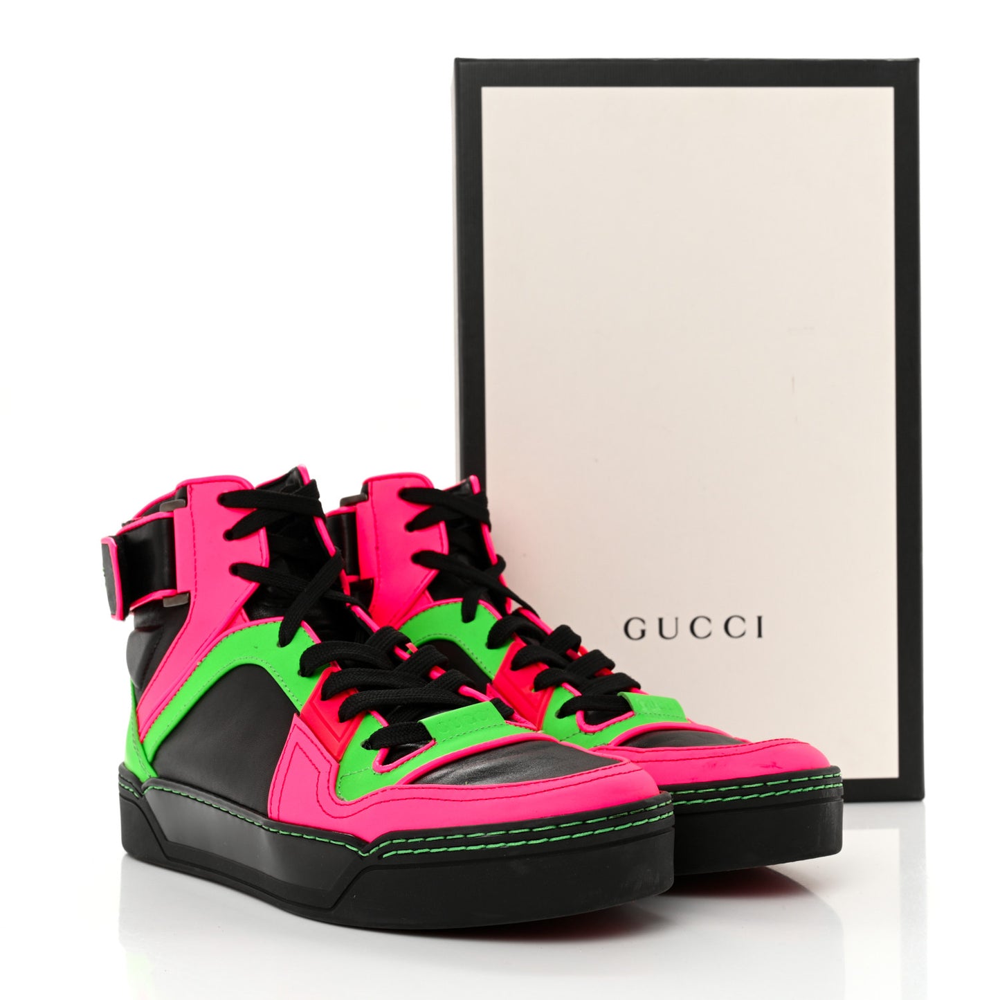 Calfskin Womens Neon High Top Sneakers 37 Black Neon Green Pink