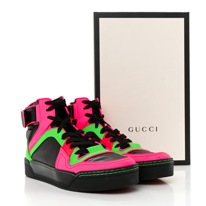 Gucci Calfskin Womens Neon High Top Sneakers 37 Black Neon Green Pink 13 of 14