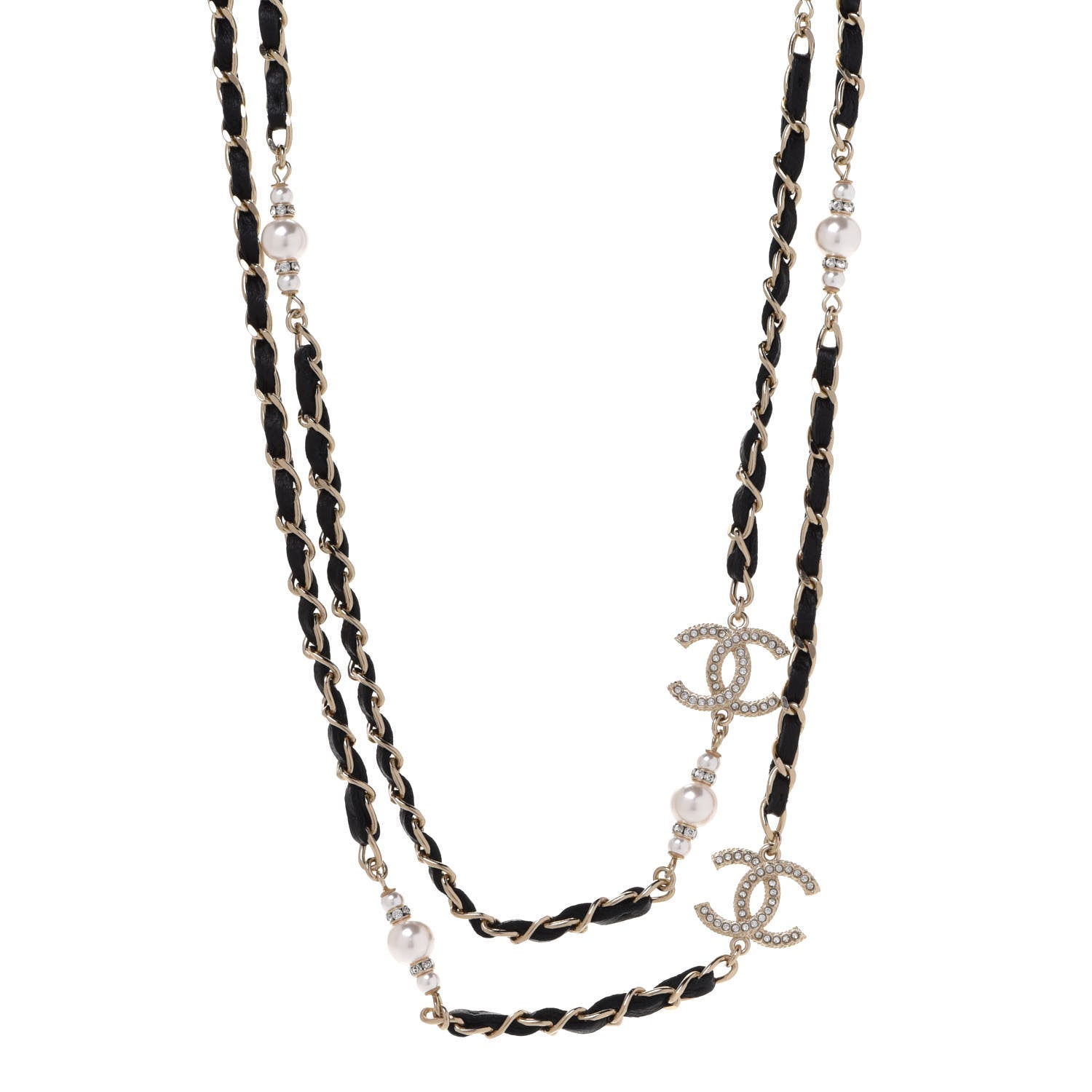 Chanel Pearl Crystal Lambskin CC Long Necklace Gold Black 1 of 6
