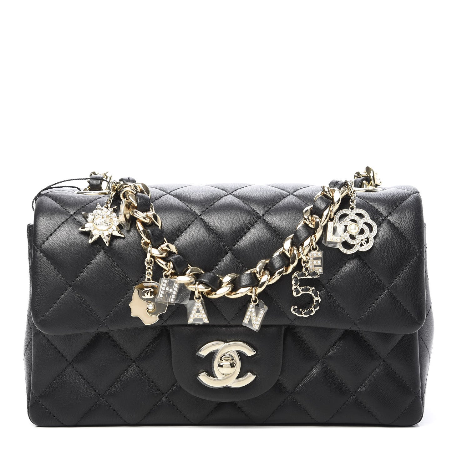 Lambskin Quilted Mini Coco Charms Rectangular Flap Black