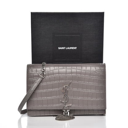Saint Laurent Calfskin Crocodile Embossed Kate Monogram Tassel Chain Wallet Fog 8 of 8