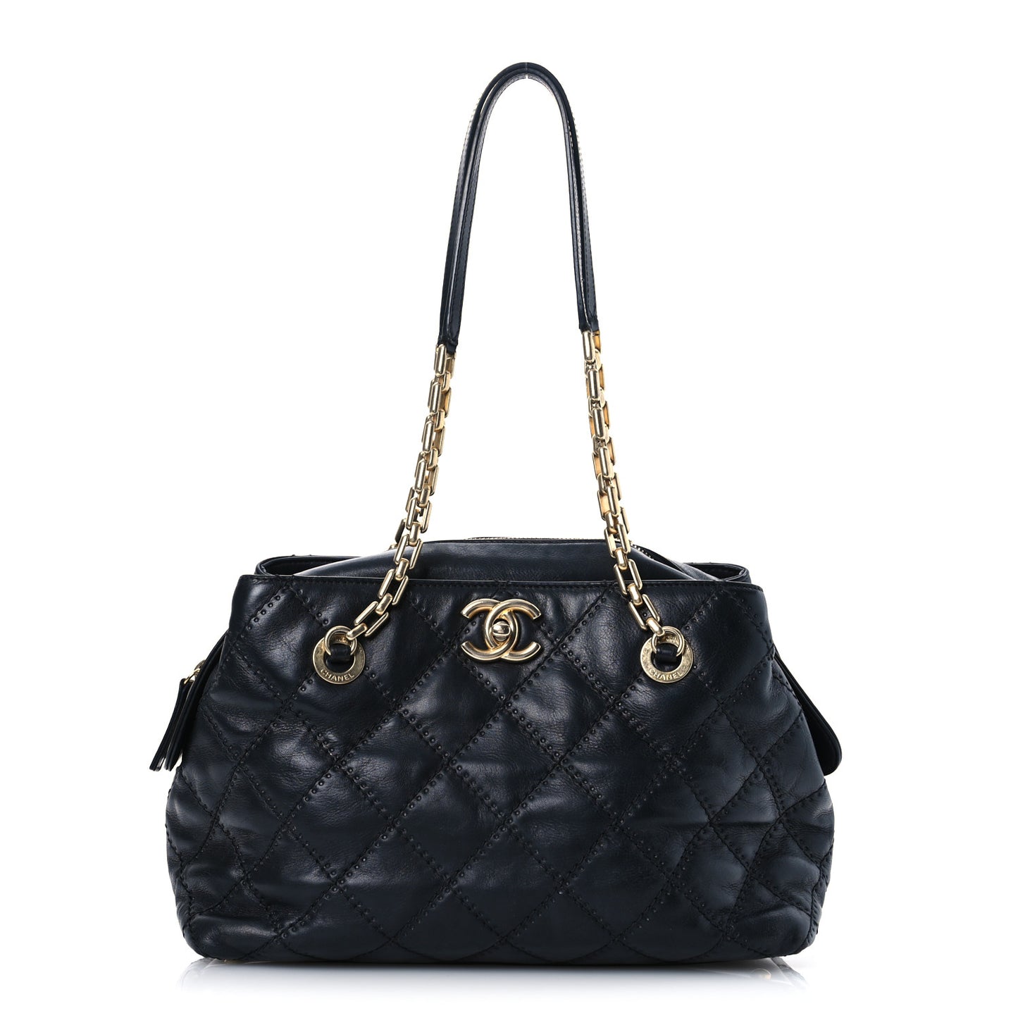 Calfskin Stitched Medium Retro Chain Tote Black