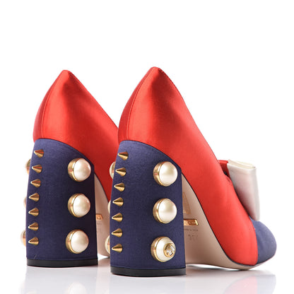 Gucci Silk Satin Pearl Studded Luna Bow Pumps 36.5 Navy Blue 4 of 11