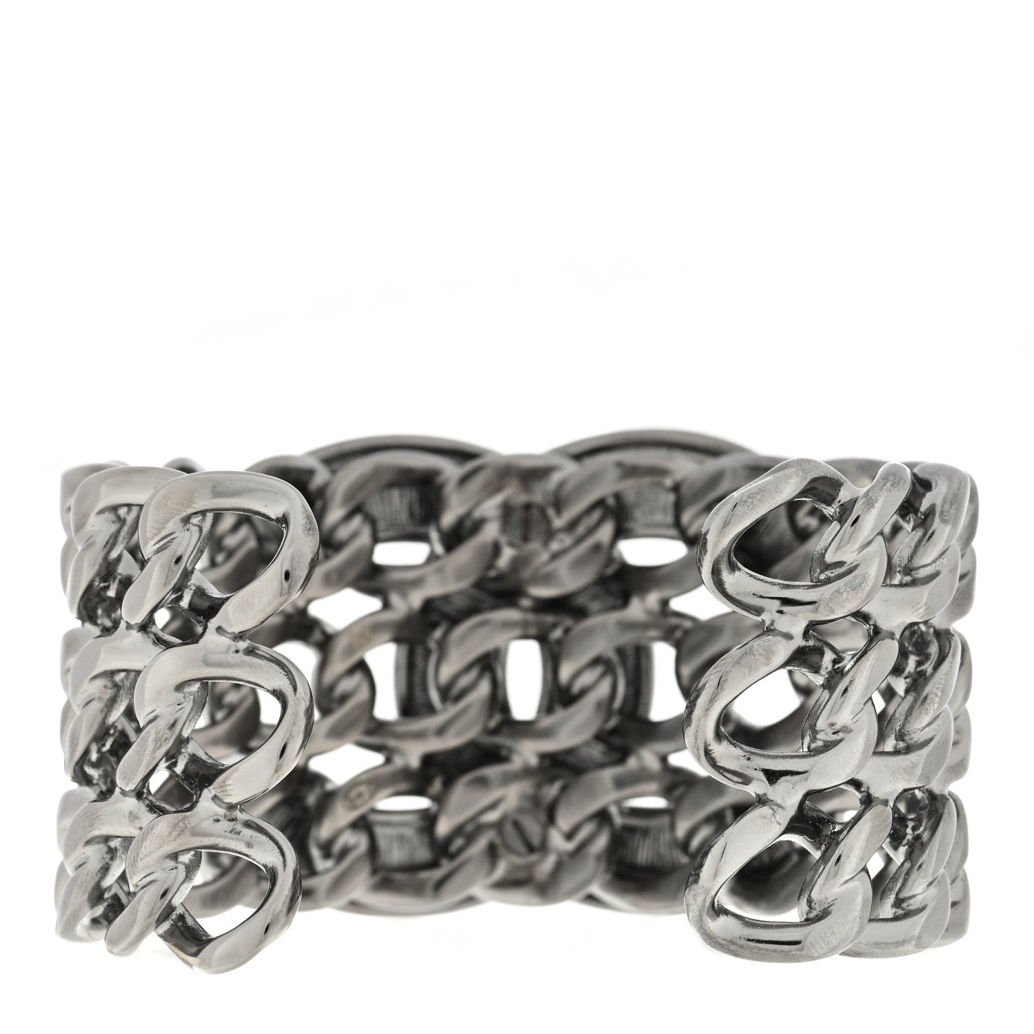 Chanel Metal Crystal Pearl Chain Mania CC Cuff Bracelet M Ruthenium 2 of 3