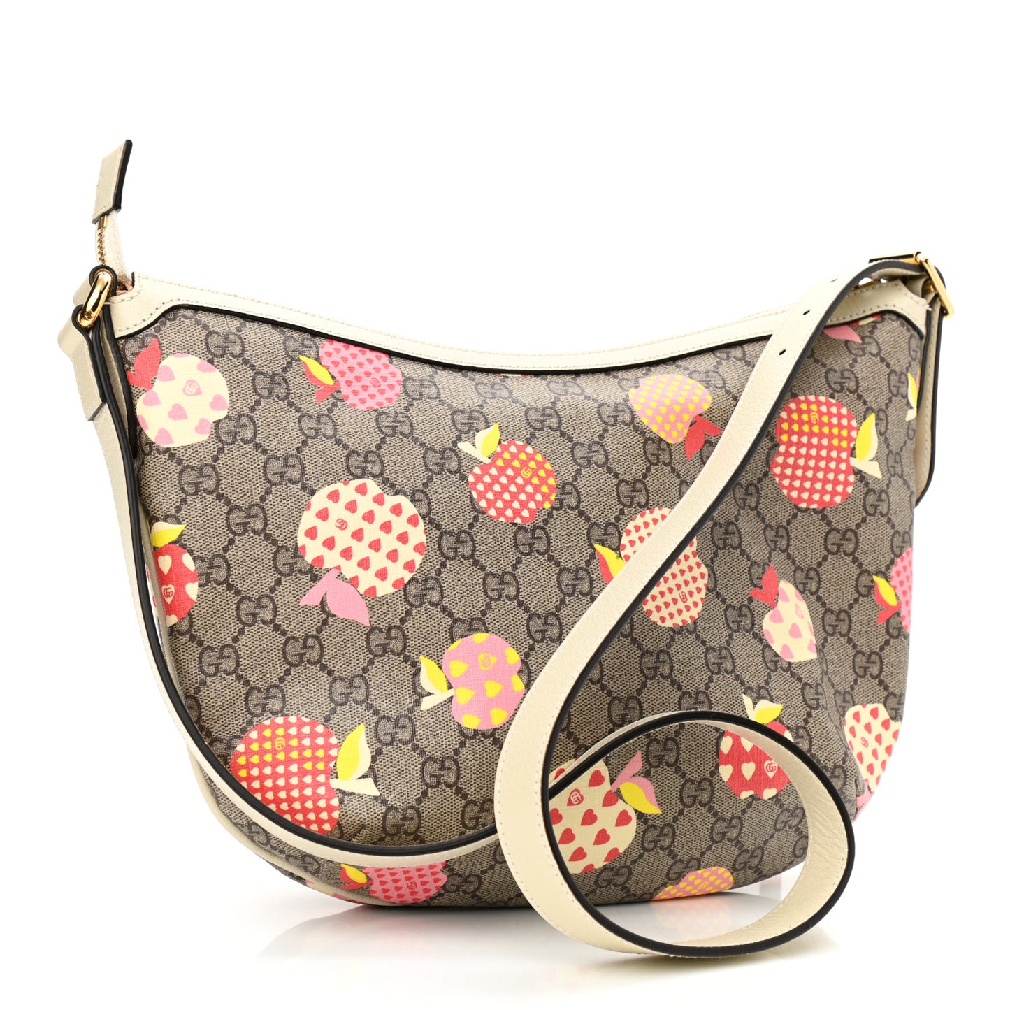 GG Supreme Monogram Les Pommes Small Ophidia Half Moon Hobo Beige Multicolor Mystic White