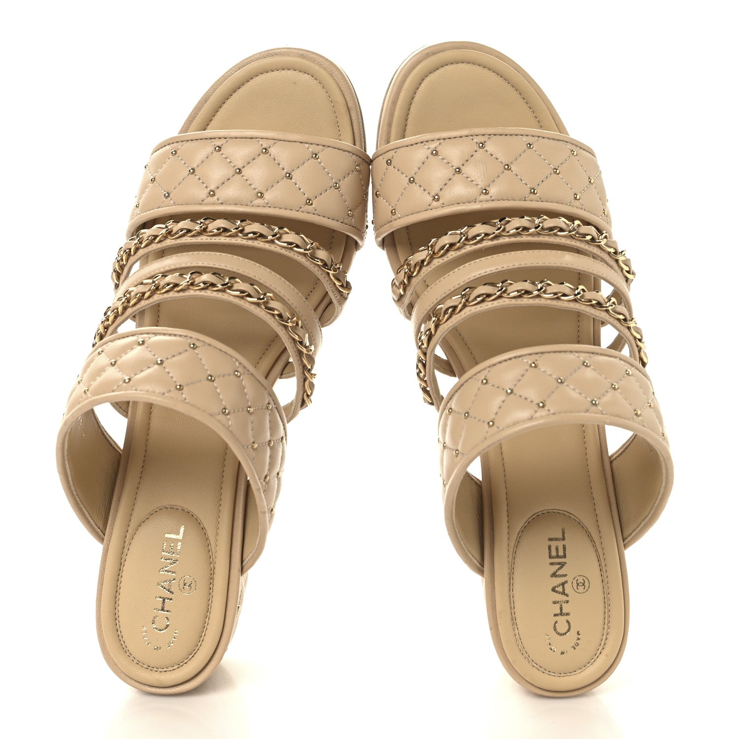 Chanel Lambskin Quilted Chain Mule Sandals 38.5 Beige 2 of 9