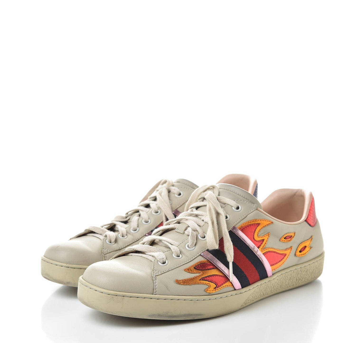 Calfskin Ayers Web Flames Embroidered Mens Ace Sneakers 10 Off White