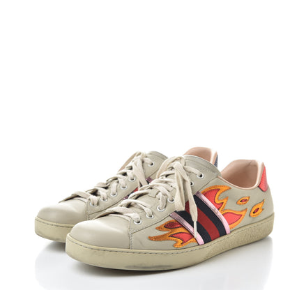 Gucci Calfskin Ayers Web Flames Embroidered Mens Ace Sneakers 10 Off White 3 of 23