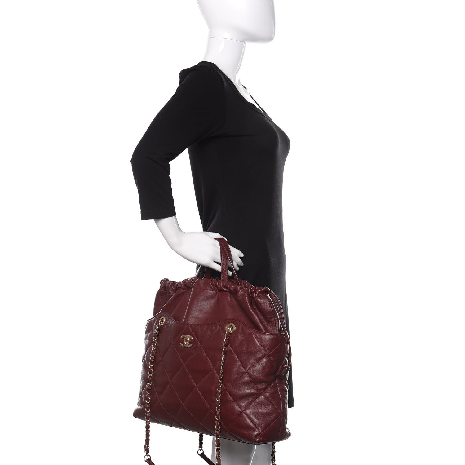 Chanel Lambskin Quilted Drawstring Shopping Bag Red 3 of 10