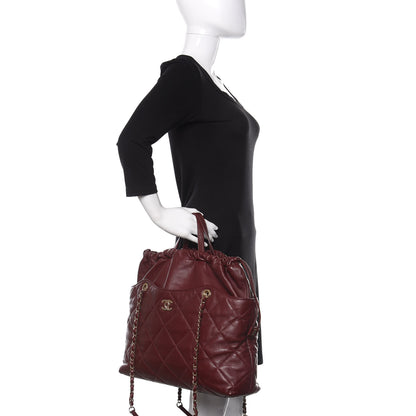 Chanel Lambskin Quilted Drawstring Shopping Bag Red 3 of 10
