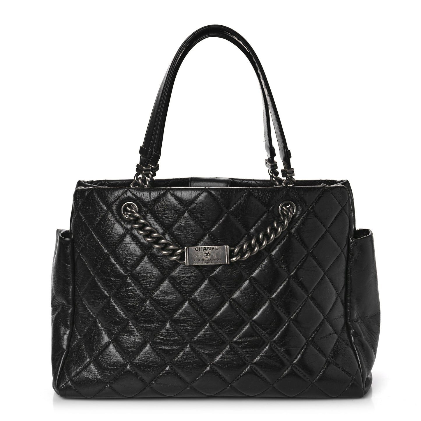 Glazed Calfskin Quilted Large Nameplate Shopping Tote Black
