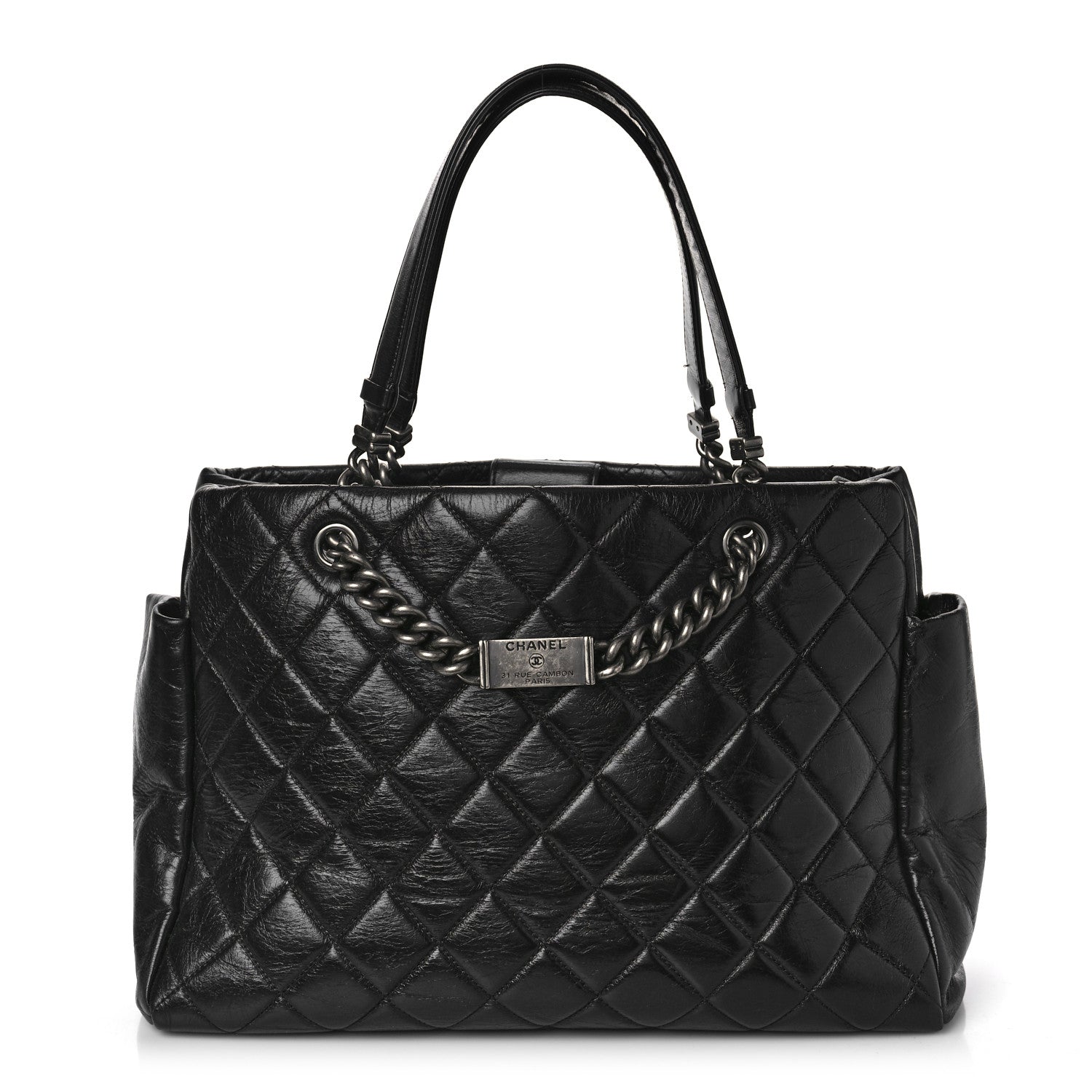 Chanel Glazed Calfskin Quilted Large Nameplate Shopping Tote Black 1 of 11