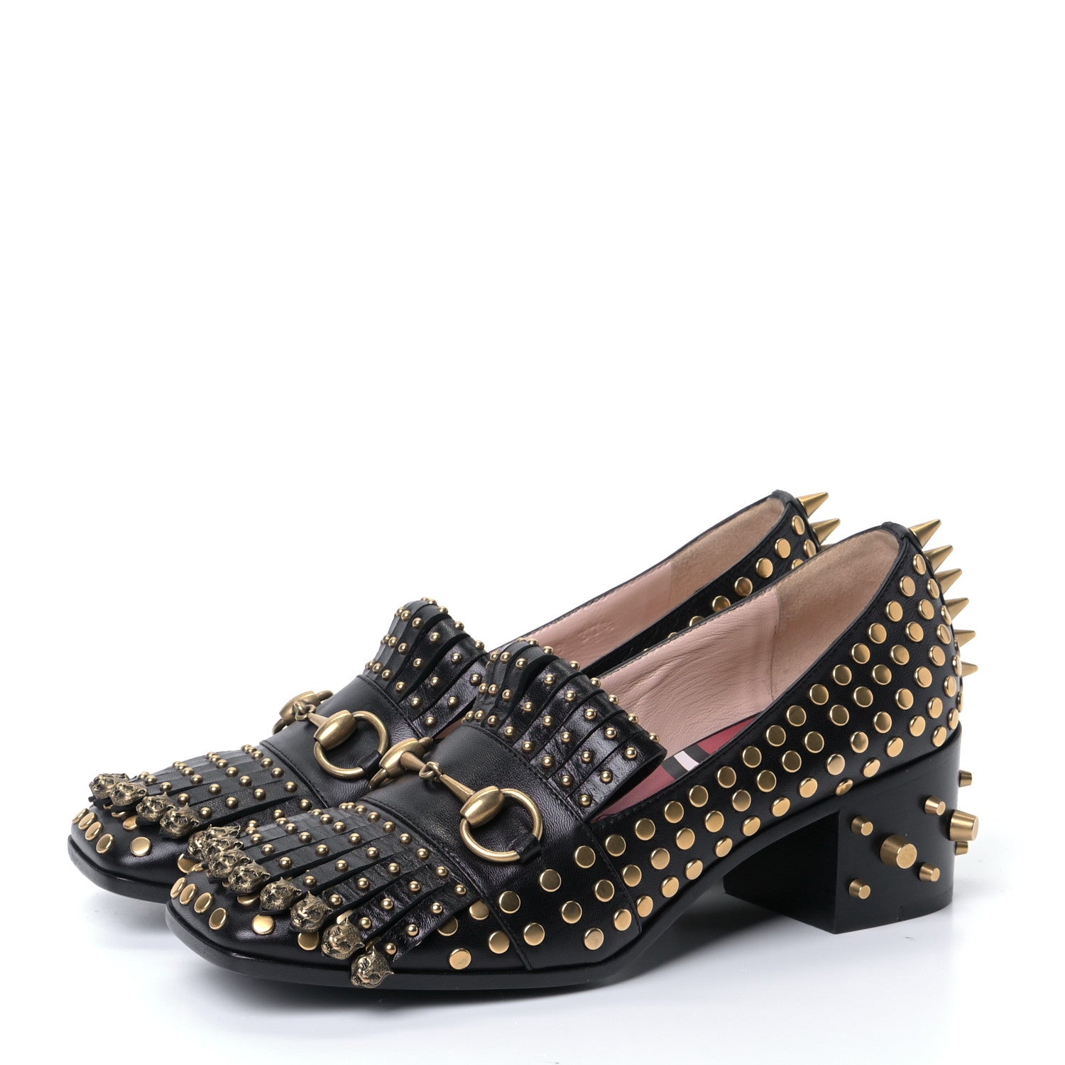 Gucci Malaga Kid Studded Polly Fringe 55mm Loafer Pumps 37.5 Black 3 of 8